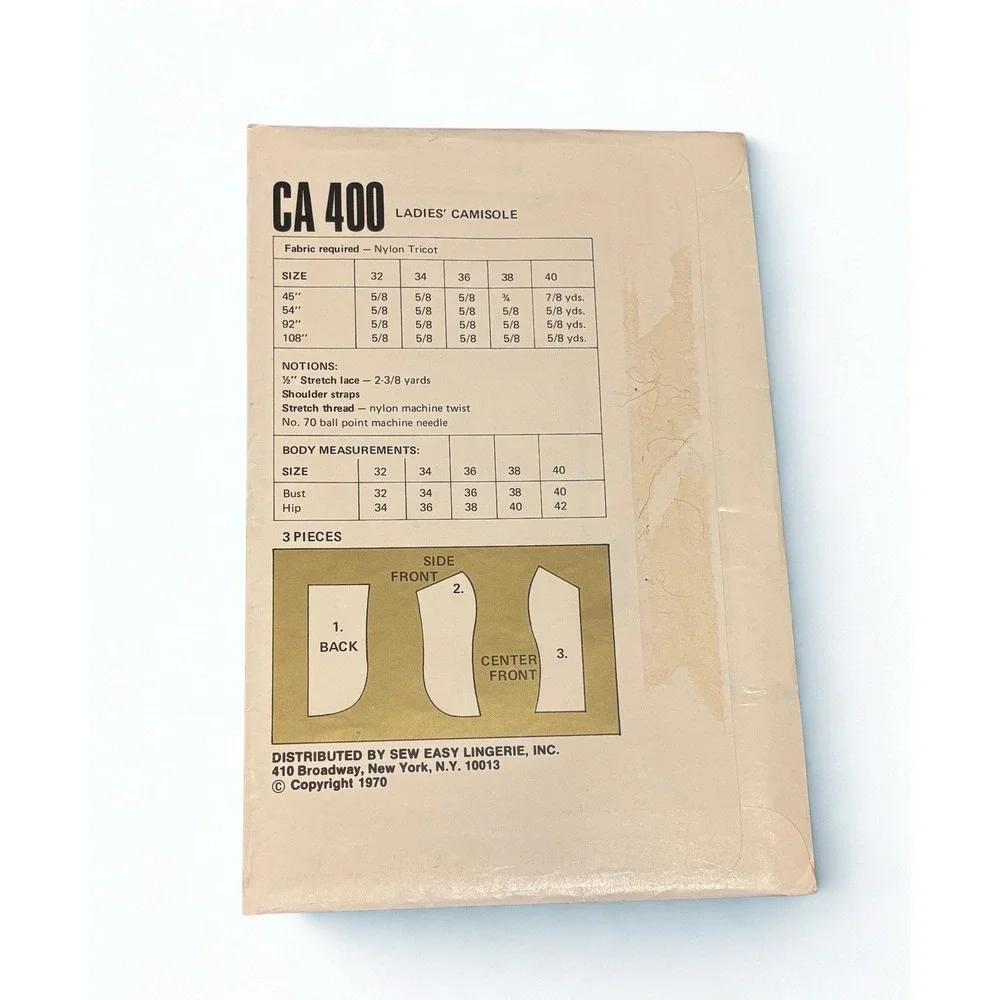 Sew Lovely CA 400 Vintage 1970s Ladies Camisole Sewing Pattern Cut Size 32-40